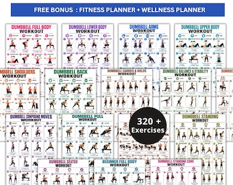 May include: A digital dumbbell workout bundle featuring multiple printable exercise charts with illustrations of various movements. The text includes DUMBBELL WORKOUT BUNDLE, 320 + Exercises, and US LETTER + A4 SIZE, with fitness and wellness planners.