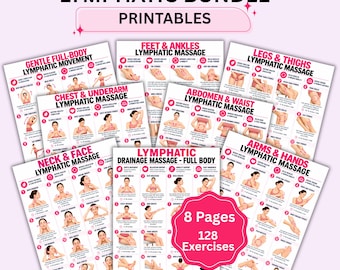 May include: A digital lymphatic bundle printable set featuring 8 pages and 128 exercises. The documents include text titled US LETTER | A4 SIZE & INSTANT DOWNLOAD, LYMPHATIC BUNDLE, PRINTABLES, and various massage guides for body parts.