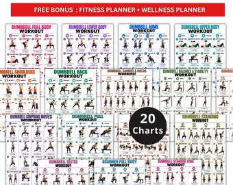 May include: A digital bundle of 20 printable dumbbell workout charts featuring exercise illustrations, text labels, and instructions. The collection includes fitness and wellness planners, available in US Letter and A4 sizes for instant download.