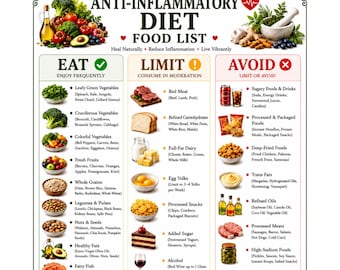 May include: An Anti-Inflammatory Diet Food List chart titled US LETTER | A4 | INSTANT DOWNLOAD. The document is divided into three columns: EAT, LIMIT, and AVOID, featuring illustrations of vegetables, fruits, grains, meats, and drinks with text.
