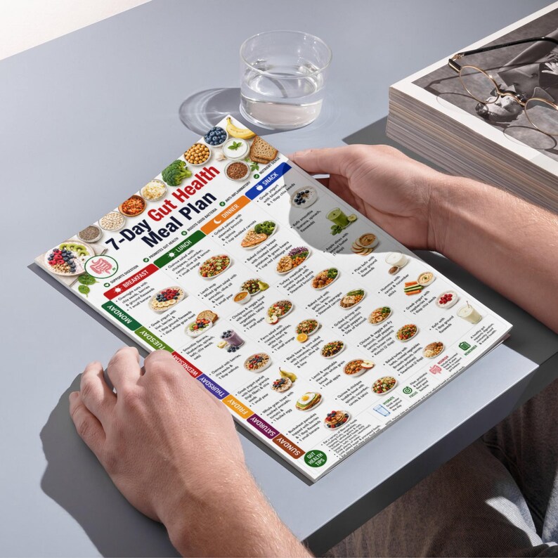 May include: A printed 7-Day Gut Health Meal Plan guide featuring a structured weekly schedule with daily breakfast, lunch, dinner, and snack options. The document includes colorful food illustrations, nutritional icons, and text detailing specific meal components for each day of the week, organized in a clear, grid-like layout on white paper.