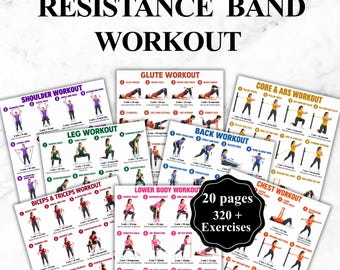 May include: A digital resistance band workout guide featuring 20 pages and over 320 exercises. The collection includes charts for shoulder, glute, core, abs, leg, back, bicep, tricep, lower body, and chest workouts with US letter and A4 sizing.