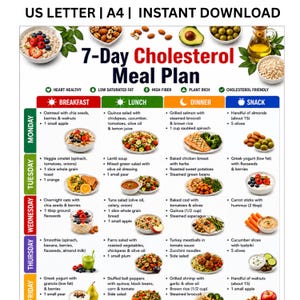 Low Cholesterol Meal Plan, Meal Plan to Lower Cholesterol, Heart-Healthy 7 Day Meal Plan PDF, Helps You Meal Plan for High Cholesterol