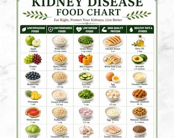 May include: A digital Kidney Disease Food Chart poster featuring columns for low potassium, low phosphorus, low sodium, high quality protein, and healthy fats. The chart lists various food items with serving sizes in metric units.