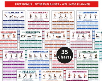 May include: A digital workout challenges bundle featuring 35 printable charts for fitness and wellness planning. The collection includes various exercise trackers like plank, lunge, and mobility routines, each with illustrated movements and checkboxes.