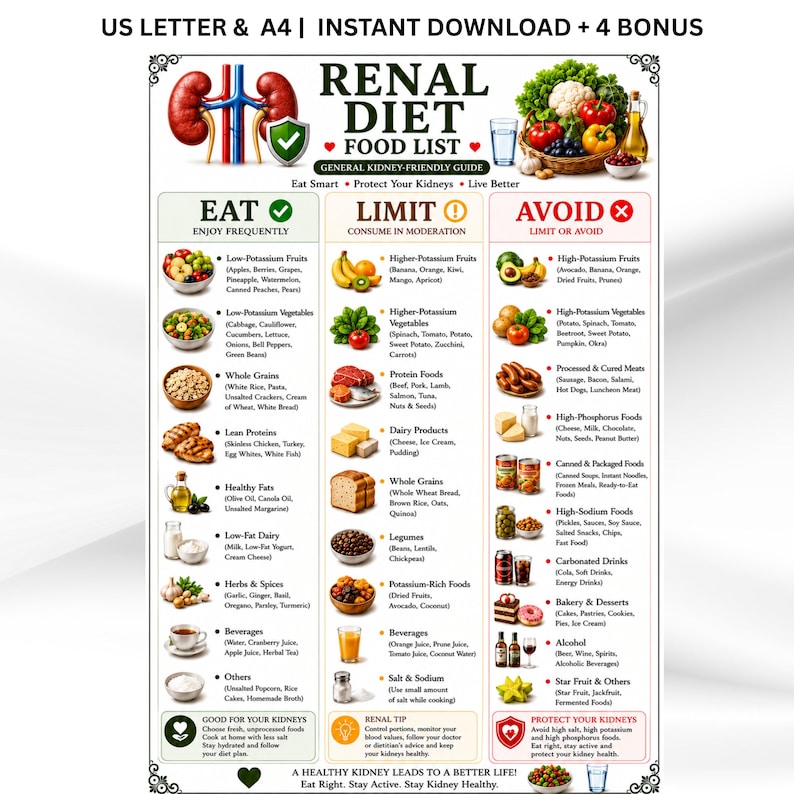 Kidney Disease Food List, Renal Diet Chart, Eat Limit Avoid, Kidney Stone Diet Grocery, Low Potassium, Low Sodium & Phosphorous Diet Chart image 1