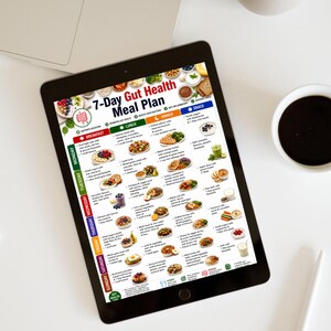 May include: A digital tablet displaying a 7-Day Gut Health Meal Plan chart. The document features a colorful grid layout with daily meal suggestions for breakfast, lunch, dinner, and snacks, including text descriptions and small food illustrations.