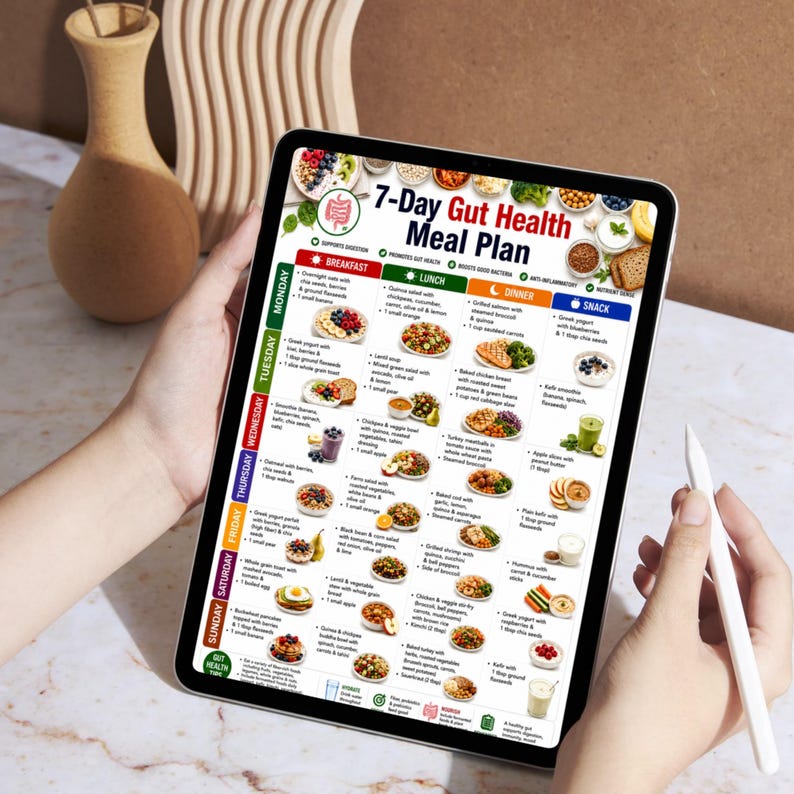 May include: A digital tablet displaying a 7-Day Gut Health Meal Plan with a grid layout. The document features daily breakfast, lunch, dinner, and snack suggestions, accompanied by small food photographs, icons, and text detailing nutritional goals.
