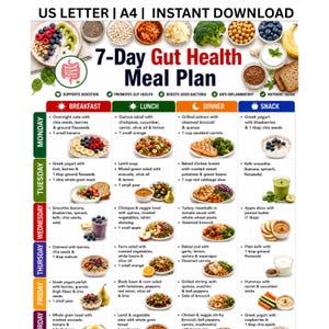 May include: A 7-Day Gut Health Meal Plan chart featuring US Letter and A4 instant download options. The document includes a grid layout with daily breakfast, lunch, dinner, and snack suggestions, accompanied by images of various healthy food items.