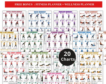 May include: A digital resistance band workout bundle featuring 20 printable charts with exercise illustrations. The text includes US LETTER + A4 SIZE, INSTANT DOWNLOAD, PRINTABLE + DIGITAL, RESISTANCE BAND WORKOUT BUNDLE, and FREE BONUS.