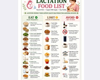 Lactation Food Chart Printable | Breastfeeding Diet PDF | Milk Boosting Foods List | Postpartum Nutrition Guide | Eat Limit Avoid | Mom Gift