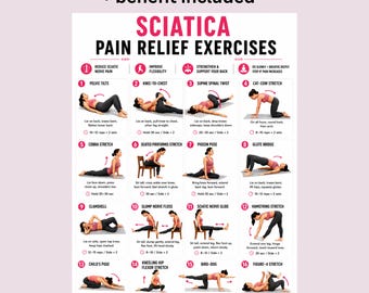 May include: A white fitness planner chart titled Sciatica Pain Relief Exercises featuring sixteen numbered illustrations of individuals performing various stretches and movements, with instructional text for each exercise and a section for tips and routines.