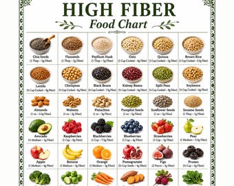 May include: A high-fibre food chart displaying various foods, such as chia seeds, flaxseeds, oats, quinoa, and brown rice. The chart also features lentils, chickpeas, black beans, kidney beans, split peas, and soybeans. Fruits and vegetables are also included.