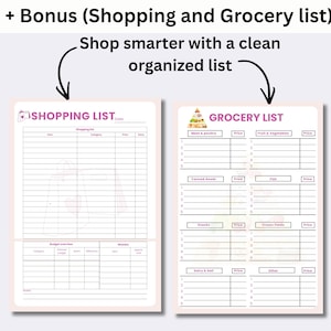 May include: Two pink and white printable shopping and grocery lists. The shopping list includes sections for item, category, price, and done. The grocery list has sections for meat & poultry, canned goods, snacks, dairy & deli, fruit & vegetables, fish, frozen foods, and other.