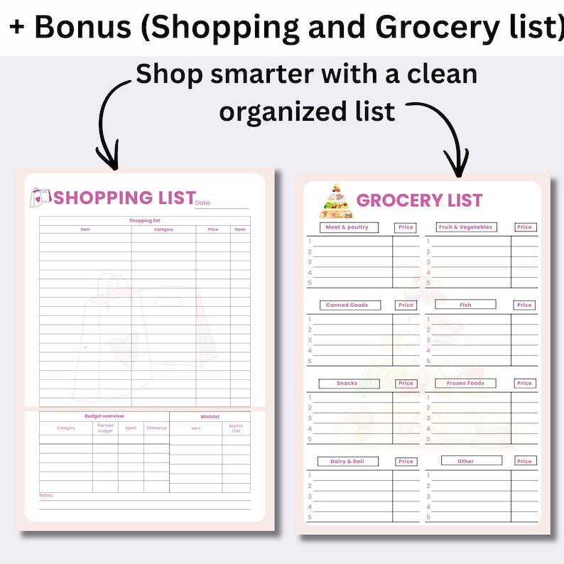 May include: Two pink and white printable shopping and grocery lists. The shopping list includes sections for item, category, price, and done. The grocery list has sections for meat & poultry, canned goods, snacks, dairy & deli, fruit & vegetables, fish, frozen foods, and other.