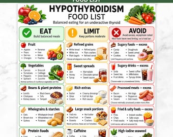 May include: A digital Hypothyroidism Food List chart featuring three columns labelled Eat, Limit, and Avoid. The document includes illustrations of fruits, vegetables, and various food items with text lists categorised by nutritional groups for an underactive thyroid.