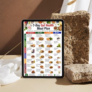 May include: A digital tablet displaying a 7-Day Gut Health Meal Plan chart. The chart features a grid layout with columns for breakfast, lunch, dinner, and snacks, organized by day of the week from Monday to Sunday, including food illustrations.