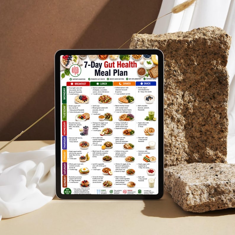 May include: A digital tablet displaying a 7-Day Gut Health Meal Plan chart. The chart features a grid layout with columns for breakfast, lunch, dinner, and snacks, organized by day of the week from Monday to Sunday, including food illustrations.