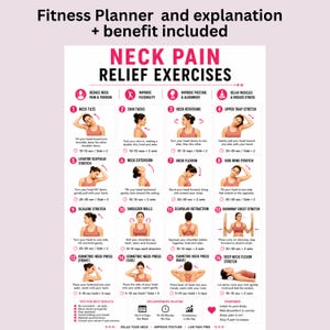 Peut inclure: Une affiche informative blanche intitulée Neck Pain Relief Exercises présentant seize illustrations numérotées d'une personne effectuant divers étirements et mouvements, avec des instructions textuelles, des durées et des répétitions.