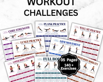 May include: A collection of workout challenge sheets featuring text that reads WORKOUT CHALLENGES, 35 Pages, 140 + Exercises, US LETTER | A4 SIZE & INSTANT DOWNLOAD + BONUS. Each page displays exercise routines like Core Strength, Plank, Lunge, and Wall Sit.