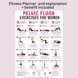 May include: A white informational chart titled Pelvic Floor Exercises for Women featuring sixteen numbered illustrations of various exercise poses with text instructions, icons, and a recommended routine section at the bottom for daily fitness planning.
