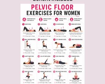 May include: A white informational chart titled Pelvic Floor Exercises for Women featuring sixteen numbered illustrations of various exercise poses with text instructions, icons, and a recommended routine section at the bottom for daily fitness planning.