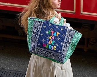 Hand Embroidered Quilted Tote Bag: Two Toned Bandana Fabric Maxi Handbag