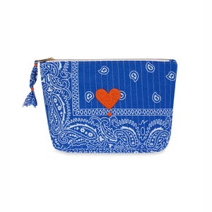 Heart Hand Embroidered Lily Clutch Bag, Blue Quilted Bandana Fabric Handbag, Handmade Cotton Clutch, Boho Makeup Bag, Handmade Gift for Her