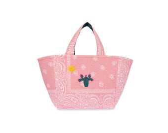 Cactus Hand Embroidered Rio Midi Tote Bag: Handcrafted Quilted Bandana Small Everyday Shoulder Bag