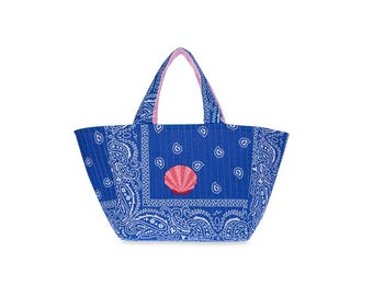 Oyster Hand Embroidered Rio Midi Tote Bag: Handcrafted Quilted Small Bandana Everyday Shoulder Bag