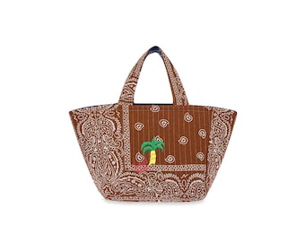 Palm Embroidered Rio Midi Tote Bag: Handcrafted Bandana Quilted Small Shoulder Bag