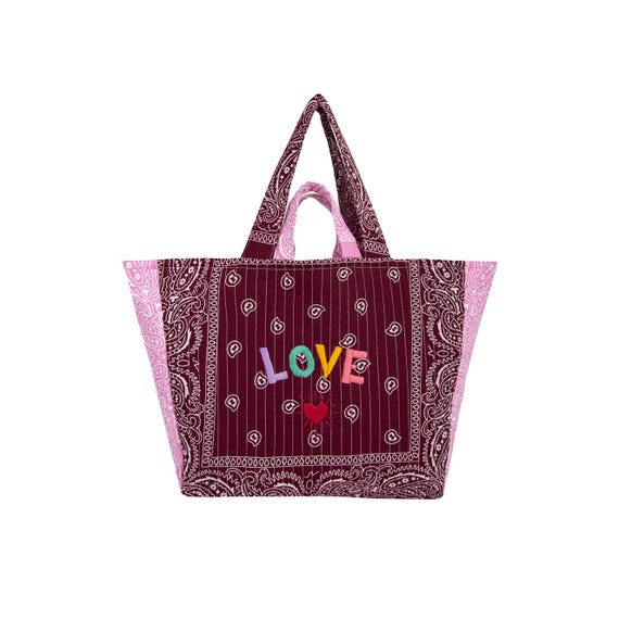 Love Hand Embroidered Perla Tote Bag: Claret Red & Pink Quilted