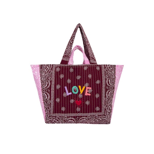 Love Hand Embroidered Perla Tote Bag: Claret Red & Pink Quilted Reversible Maxi Bandana Bag