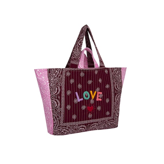 Love Hand Embroidered Perla Tote Bag: Claret Red & Pink Quilted