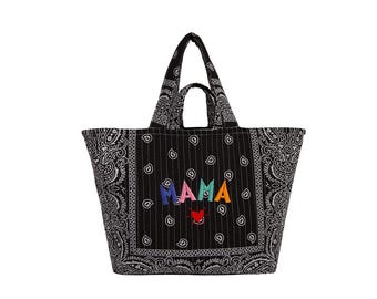 Mama Hand Embroidered Perla Tote Bag: Black Bandana Quilted Weekender Bag, Gift For Her