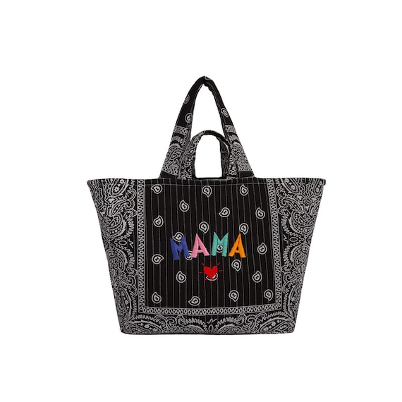 Mama Hand Embroidered Perla Tote Bag: Black Bandana Quilted