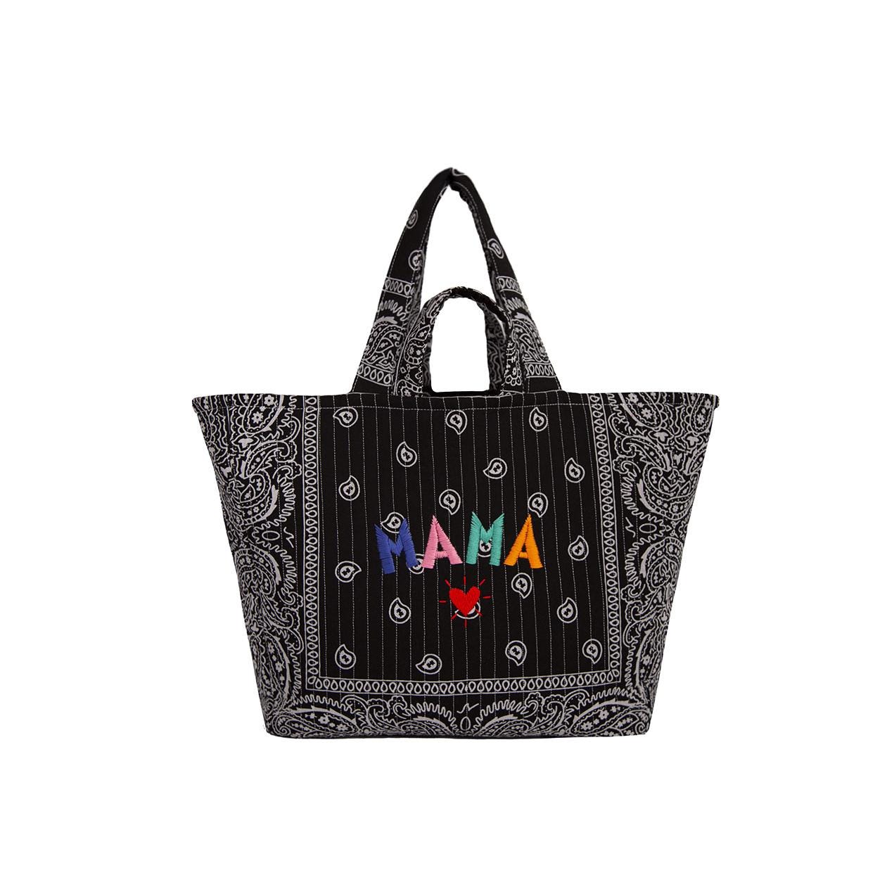 なおみママ様　cotton&steal fabric handmade bag Mama Hand Embroidered Perla Tote Bag: Black Bandana Quilted