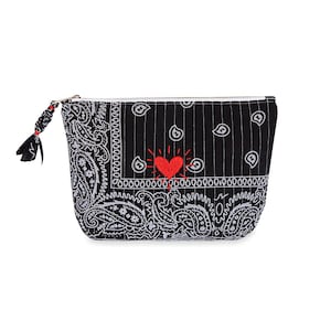 Heart Hand Embroidered Lily Clutch Bag, Black Quilted Bandana Fabric Handbag, Handmade Cotton Clutch, Boho Makeup Bag, Handmade Gift for Her