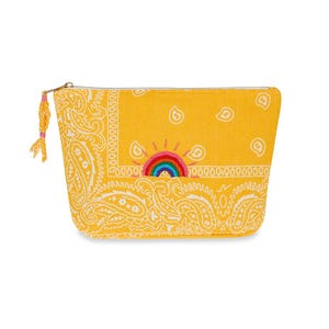 Rainbow Hand Embroidered Lily Clutch Bag, Yellow Bandana Fabric Handbag, Handmade Cotton Clutch, Boho Makeup Bag, Handmade Gift for Her