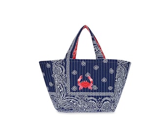 Crab Embroidered Rio Midi Tote Bag: Handmade Small Quilted Bandana Everyday Work Shoulder Bag