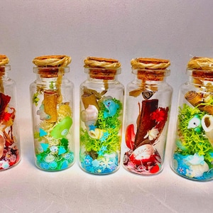 Può includere: Cinque bottiglie di vetro con tappi di sughero, ciascuna riempita di elementi decorativi. I contenuti includono oggetti colorati, muschio e piccole statuette. Le bottiglie sono disposte in fila, creando un'esposizione stravagante.