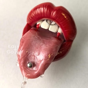 Bloody Vampire Lips Brooch: Handmade Polymer Clay Horror Pin