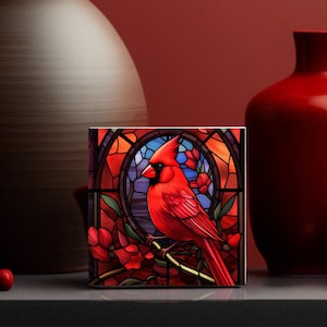 Red Cardinal Decor with Stained Glass Look Print, 4x4 Ceramic Tile, Gift for Bird lover with Red Cardinal Vibrant Red Bird Artwork for Home