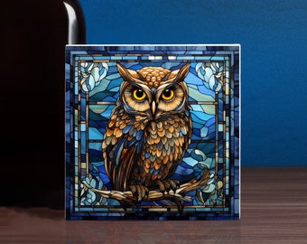 Majestic Gazing Owl Stained Glass Art, 4x4 Ceramic Tile with Printed Stained Glass Look, Elegant Owl Gift