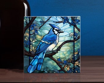 Bluejay Stained Glass Art, 4x4 Ceramic Tile with Printed Image in the Look of Stained Glass, Blue Jay, Bird Lovers Gift