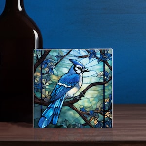 Bluejay Printed Image Stained Glass Style Art: 4x4 Ceramic Tile, Bird Lover Gift