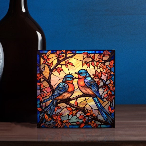 Bluebird Stained Glass Art, 4x4 Ceramic Tile with Printed Image in the Look of Stained Glass, Blue bird Lover Gift