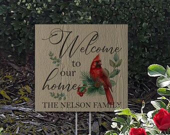 Cardinal Welcome Sign | Personalized with Family Name | Garden Signs with Cardinal | Bird Garden Sign | Wood Welcome Sign