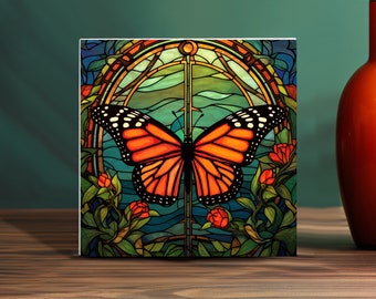 Graceful Monarch Butterfly Art 4x4 Ceramic Tile, Image Printed Stained Glass Look Art