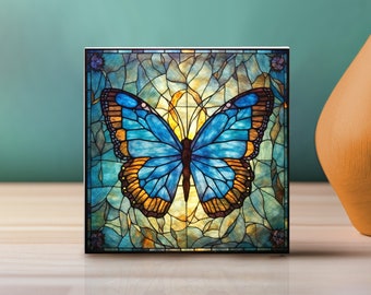 Blue Butterfly Art on 4x4 Ceramic Tile, Image Printed Stained Glass Look Art, Nature Lovers Gift